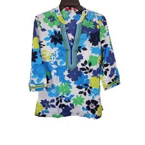 Boden V-Neck Top Blouse Women's Size 2 Multicolor Floral 3/4 Sleeve Cotton